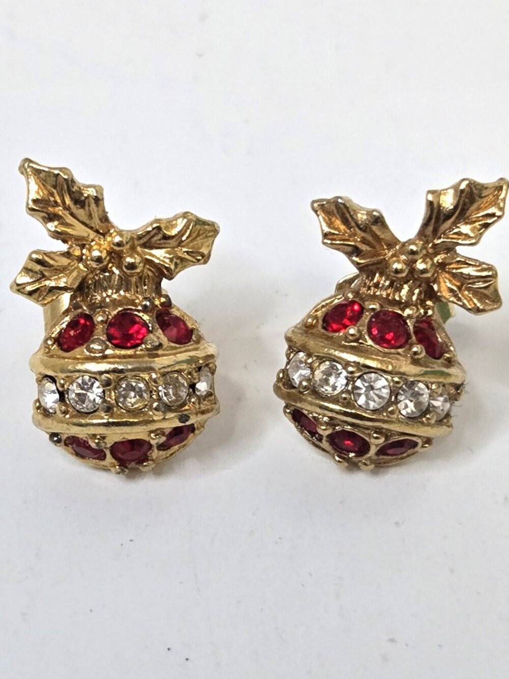 AVON Gold-Tone Red/ Clear Rhinestone Christmas Ornament Pierced Earrings